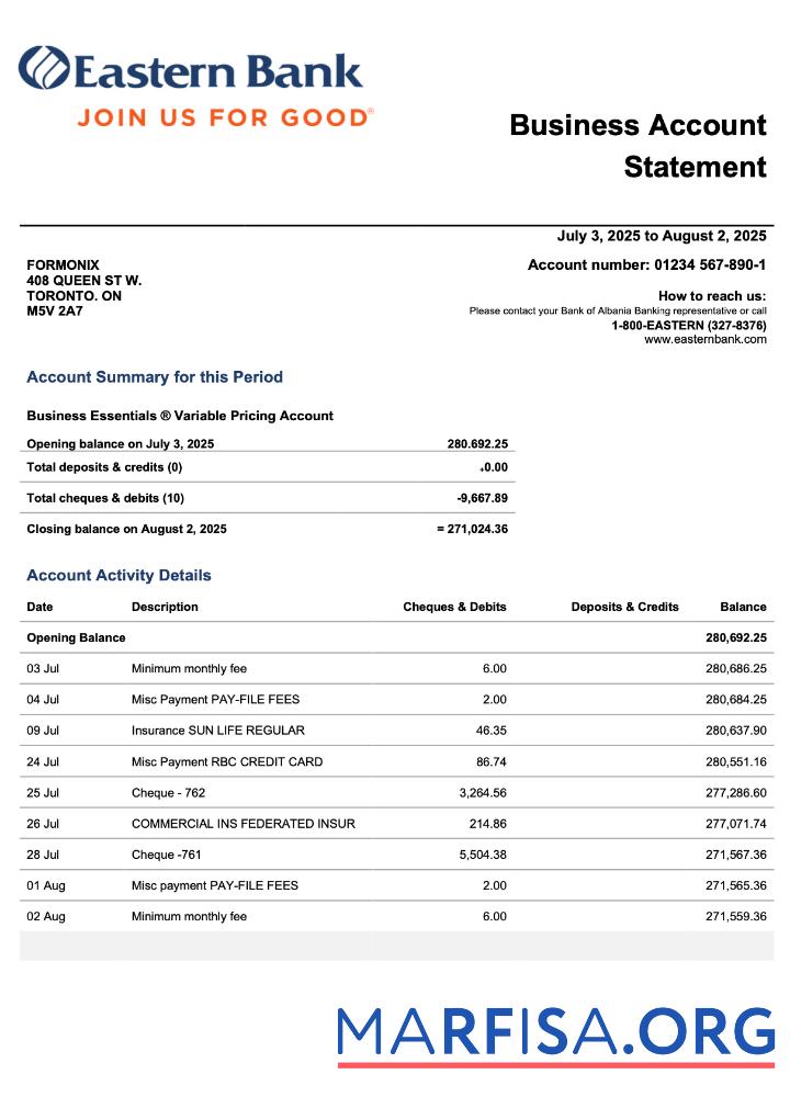 Realistic USA Eastern company checking account statement Word and PDF template